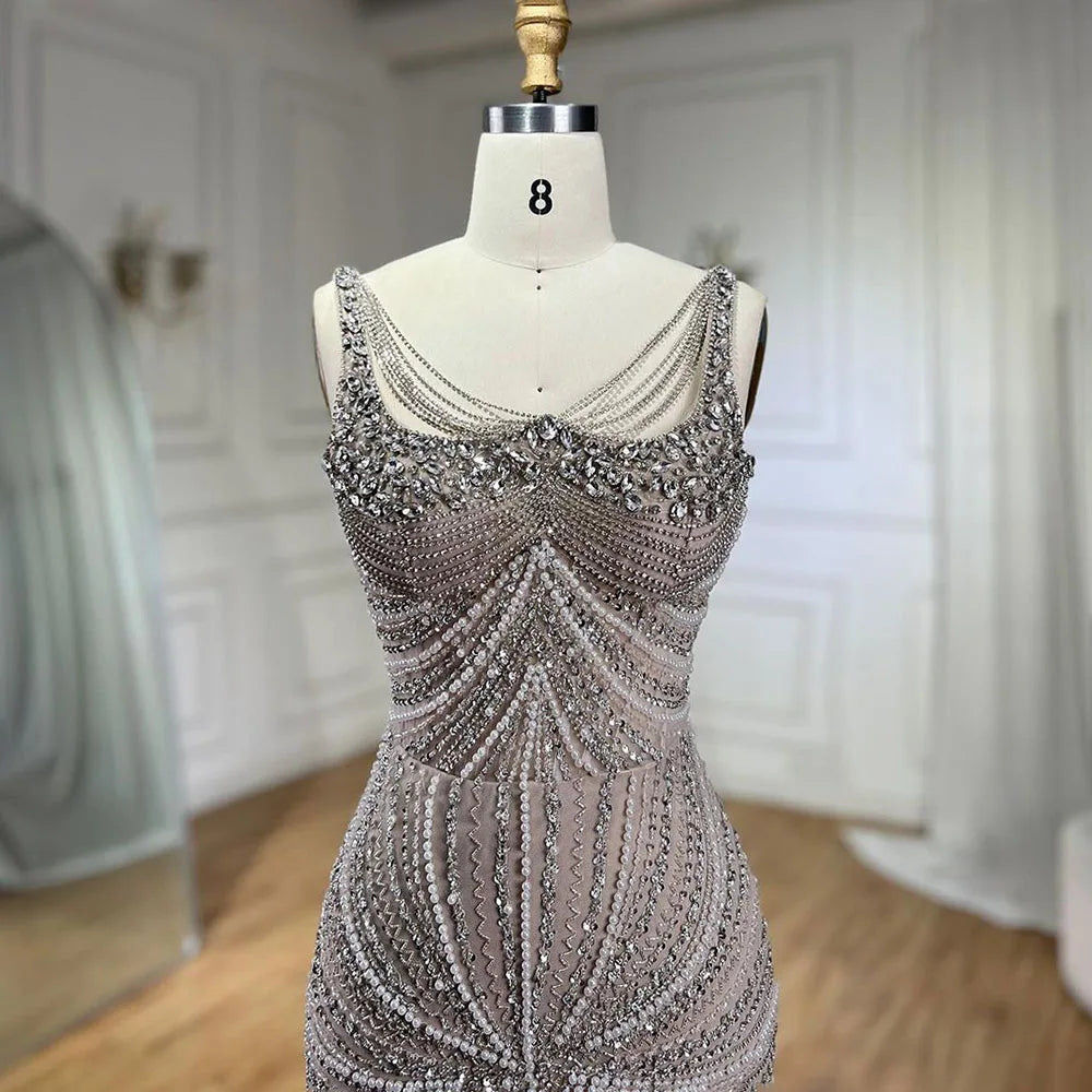 Arabic Nude Spaghetti Strap Mermaid Evening Dresses Gowns Luxury Pearls Beaded For Women Wedding Party 2025 LA72356