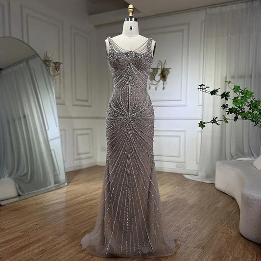 Vestido de noche árabe de sirena con tirantes finos, color nude, con perlas de lujo y cuentas, para mujer, para boda, fiesta, 2025, LA72356 