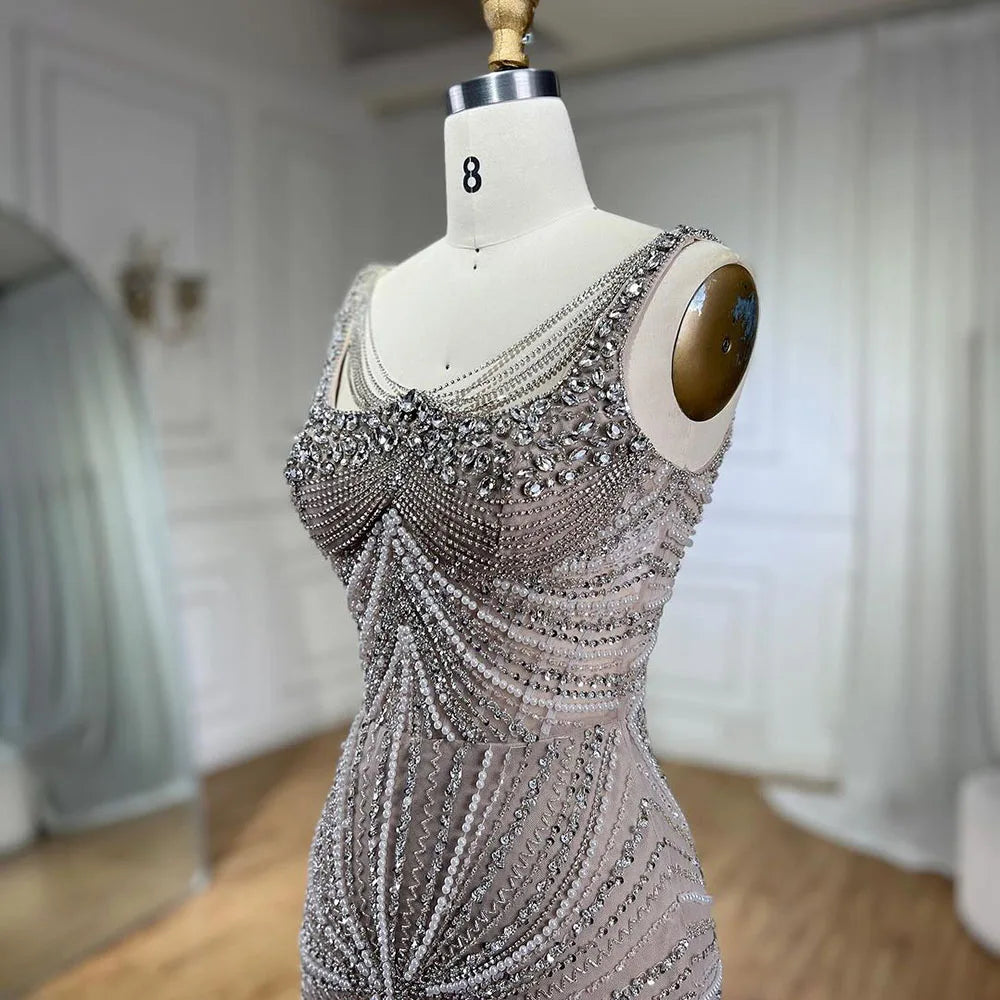 Vestido de noche árabe de sirena con tirantes finos, color nude, con perlas de lujo y cuentas, para mujer, para boda, fiesta, 2025, LA72356 