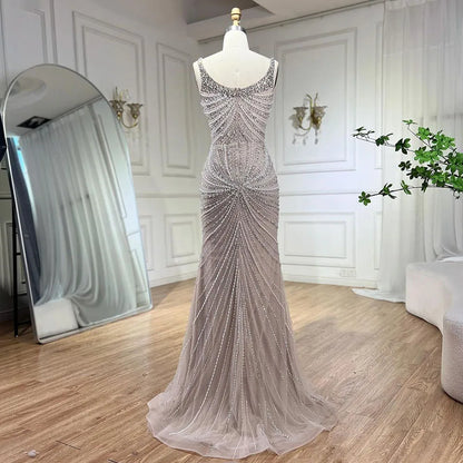 Vestido de noche árabe de sirena con tirantes finos, color nude, con perlas de lujo y cuentas, para mujer, para boda, fiesta, 2025, LA72356 