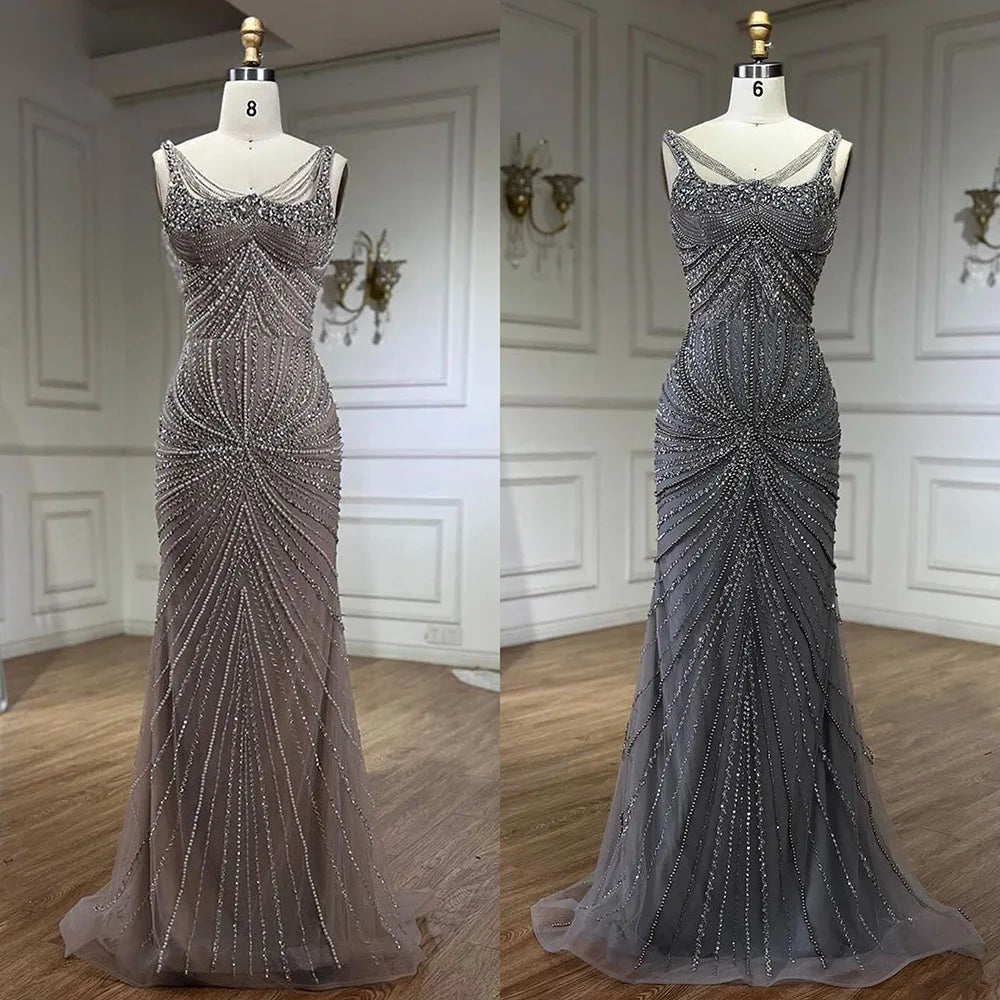 Arabic Nude Spaghetti Strap Mermaid Evening Dresses Gowns Luxury Pearls Beaded For Women Wedding Party 2025 LA72356
