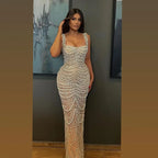 Luxury Pearls Nude Spaghetti Strap Evening Dress LA72606A