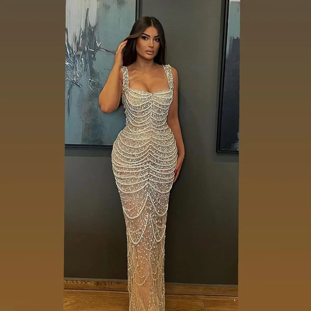 Luxus Perlen Nude Spaghettiträger Abendkleid LA72606A 