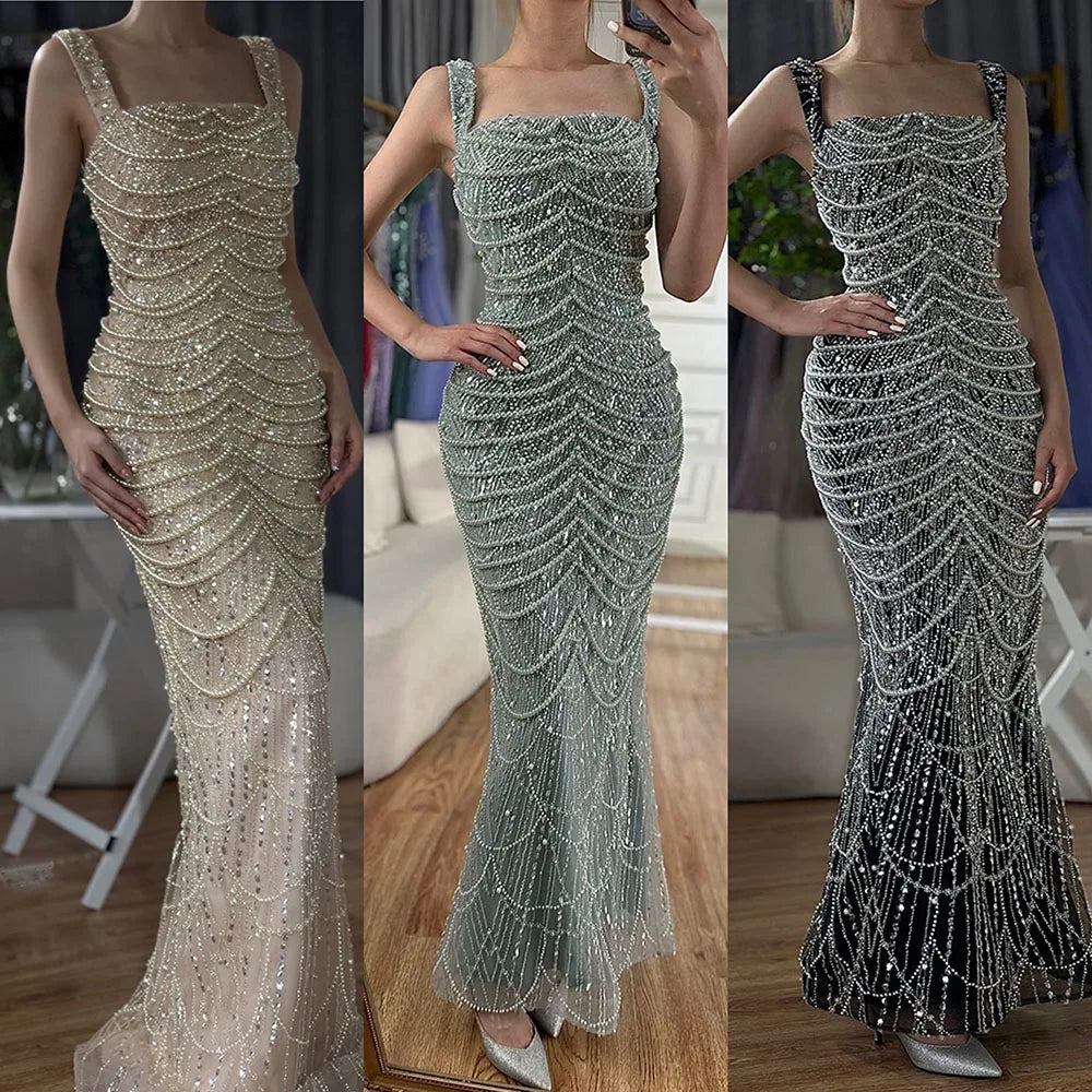 Luxury Pearls Nude Spaghetti Strap Evening Dress LA72606A