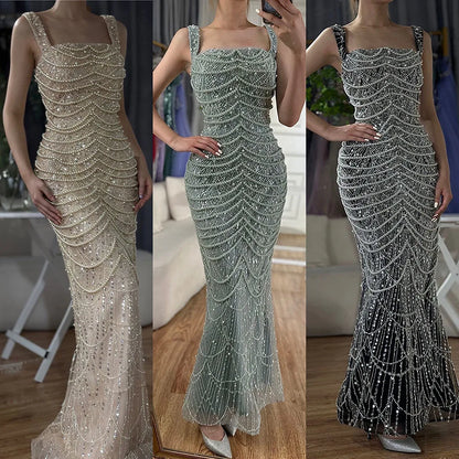 Luxus Perlen Nude Spaghettiträger Abendkleid LA72606A 
