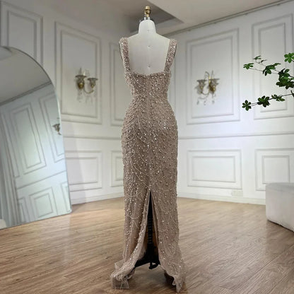 Luxus Perlen Nude Spaghettiträger Abendkleid LA72606A 