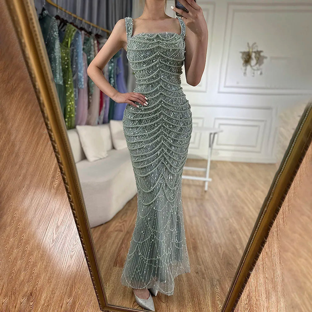 Luxus Perlen Nude Spaghettiträger Abendkleid LA72606A 
