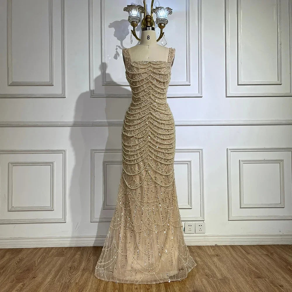 Luxury Pearls Nude Spaghetti Strap Evening Dress LA72606A