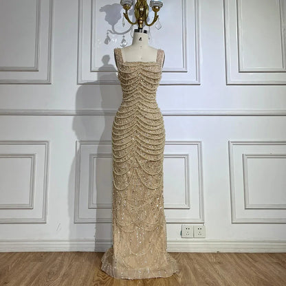 Luxus Perlen Nude Spaghettiträger Abendkleid LA72606A 