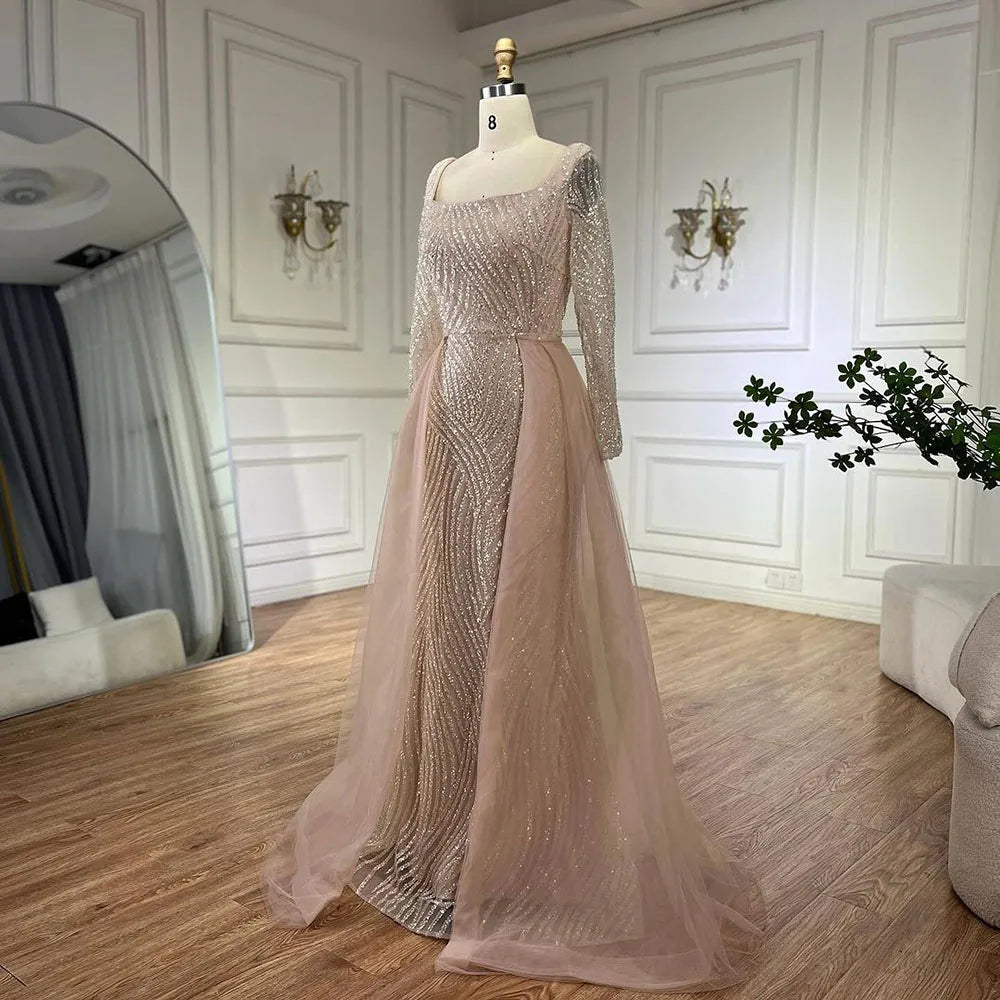 Arabic Nude Square Collar Mermaid Evening Gown Beaded Overskirt Luxury Dresses for Woman's Wedding Party LA72320A