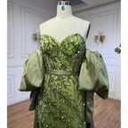 Arabisch Olive Satin Meerjungfrau Liebsten Puff Ärmeln Perlen Abendkleider Kleider 2025 Für Frauen Hochzeit Party LA71120A 