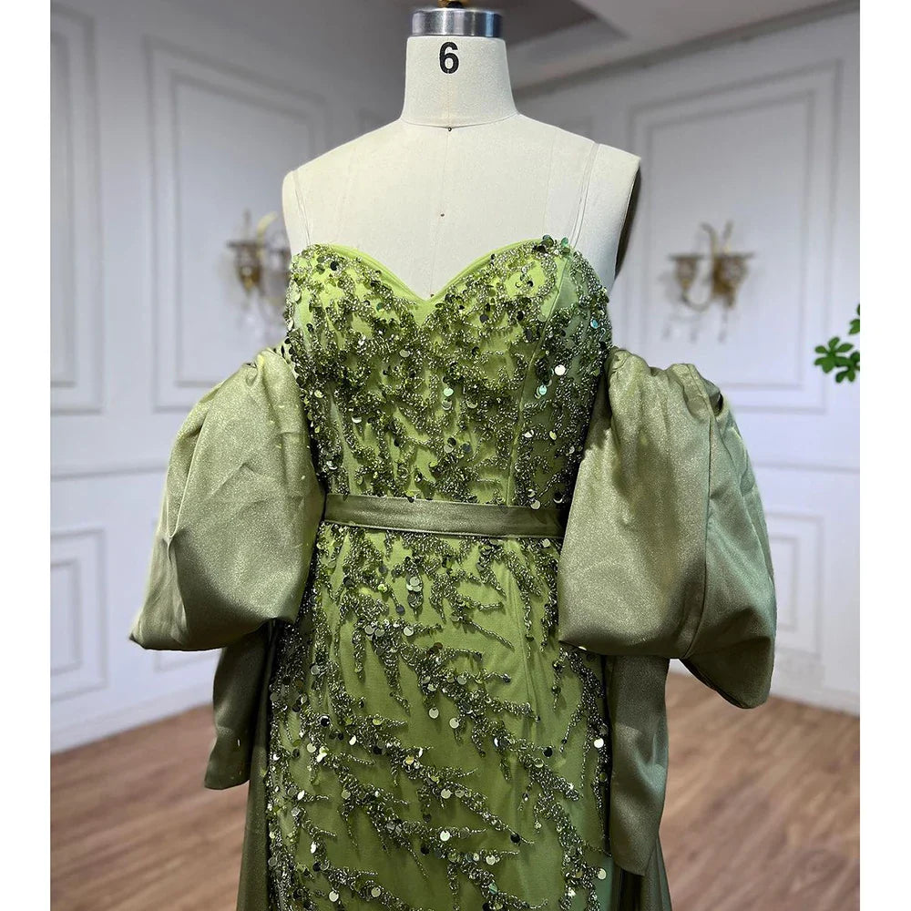 Arabic Olive Satin Mermaid Strapless Puff Sleeves Beaded Evening Dresses Gowns 2025 For Women Wedding Party LA71120A