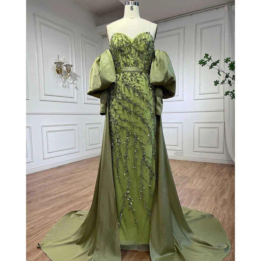 Vestido de noche árabe de satén oliva, estilo sirena, sin tirantes, con mangas abullonadas y cuentas, para mujer, para boda, fiesta, LA71120A 