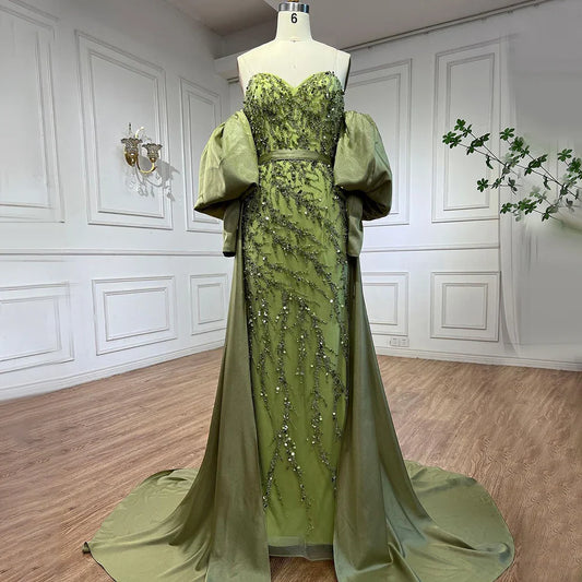 Vestido de noche árabe de satén oliva, estilo sirena, sin tirantes, con mangas abullonadas y cuentas, para mujer, para boda, fiesta, LA71120A 