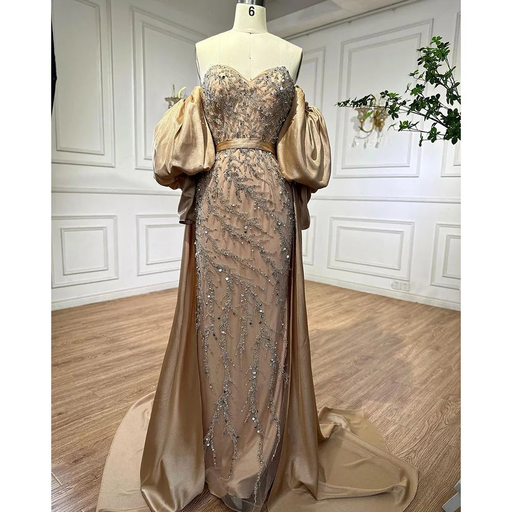 Vestido de noche árabe de satén oliva, estilo sirena, sin tirantes, con mangas abullonadas y cuentas, para mujer, para boda, fiesta, LA71120A 