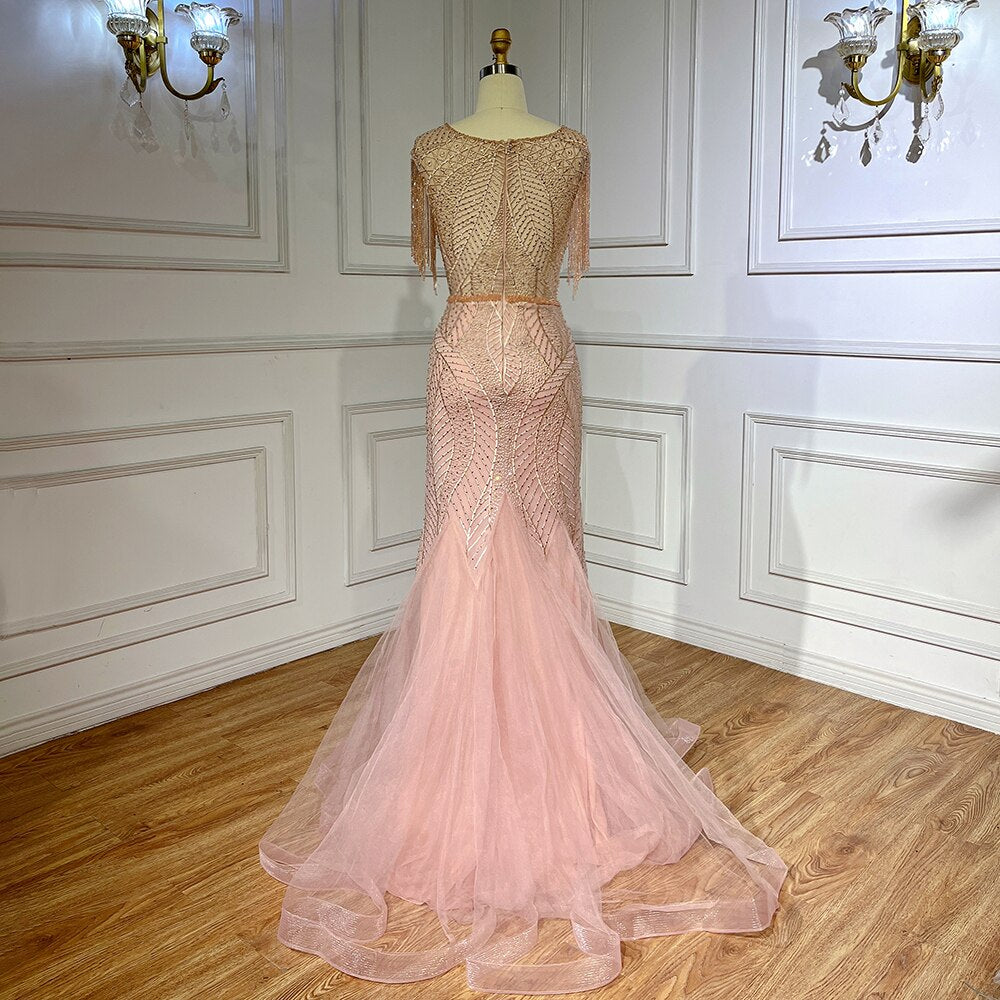Arabic Peach Mermaid Elegant Tassel Beaded Luxury Evening Dresses Gowns 2025 For Women Wedding Party LA71843