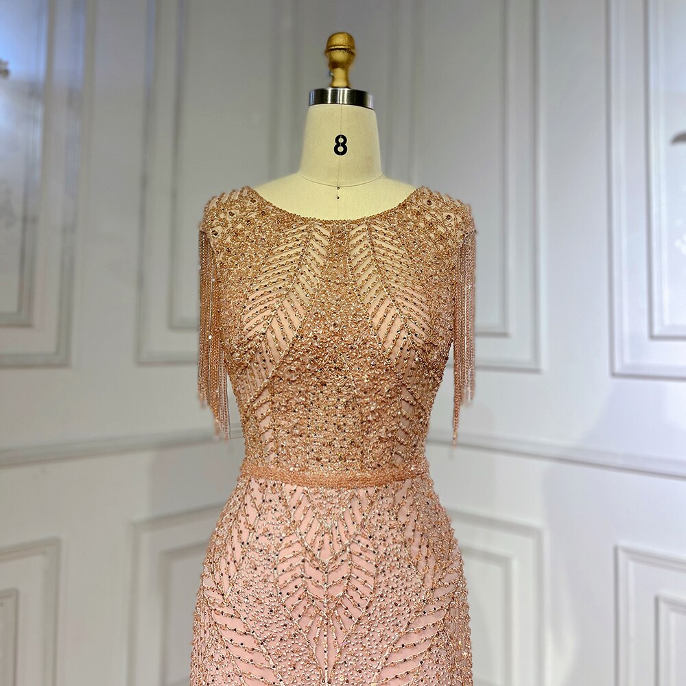 Arabic Peach Mermaid Elegant Tassel Beaded Luxury Evening Dresses Gowns 2025 For Women Wedding Party LA71843