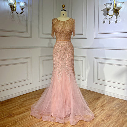 Vestidos de noche elegantes de sirena árabe color melocotón con borlas y cuentas, de lujo, para mujer, para fiesta de boda, LA71843 