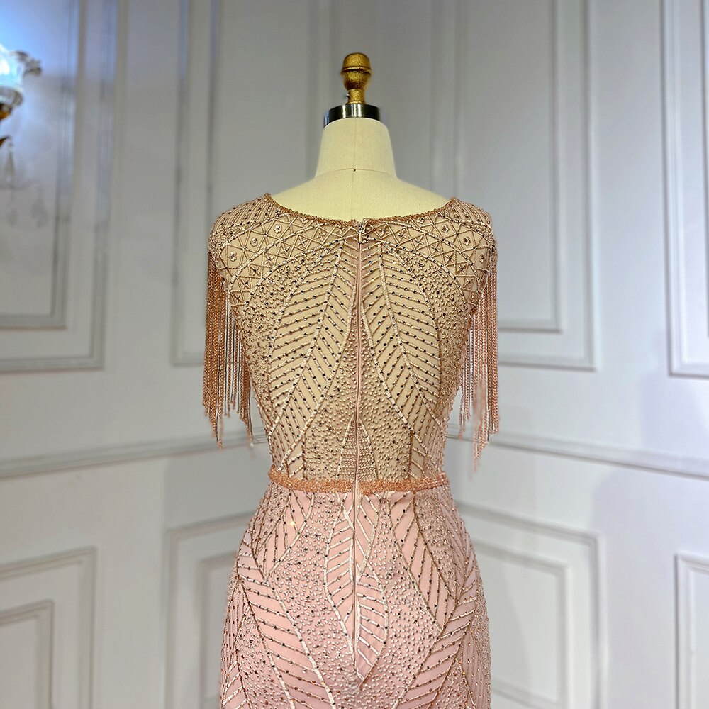 Vestidos de noche elegantes de sirena árabe color melocotón con borlas y cuentas, de lujo, para mujer, para fiesta de boda, LA71843 