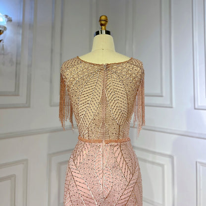 Vestidos de noche elegantes de sirena árabe color melocotón con borlas y cuentas, de lujo, para mujer, para fiesta de boda, LA71843 