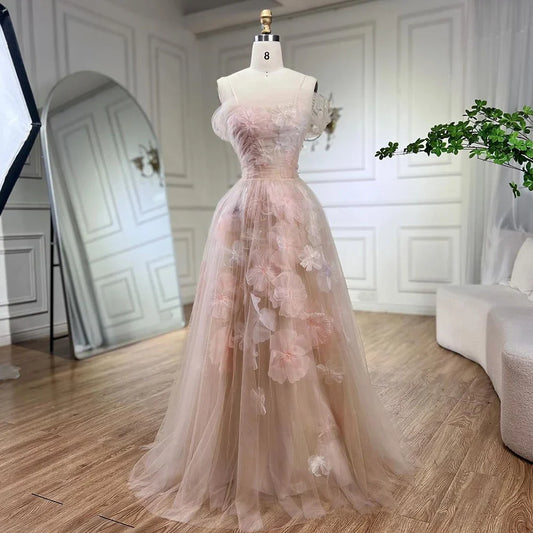 Vestidos de noche árabes de corte A en rosa con apliques y cordones de lujo de Dubái para mujer, vestidos de fiesta de boda 2025 LA72274 