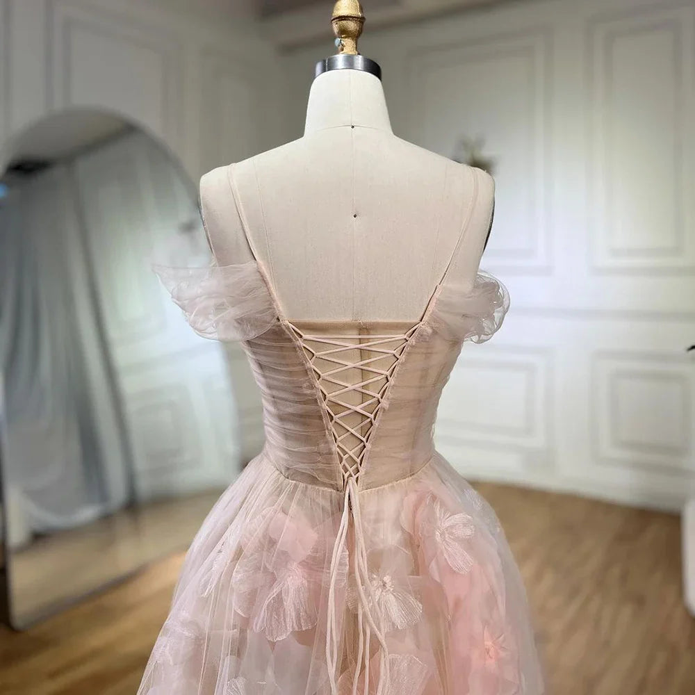 Vestidos de noche árabes de corte A en rosa con apliques y cordones de lujo de Dubái para mujer, vestidos de fiesta de boda 2025 LA72274 