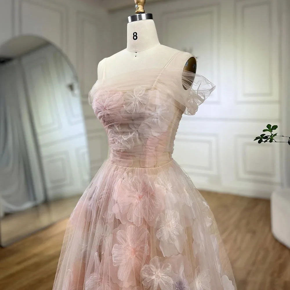 Vestidos de noche árabes de corte A en rosa con apliques y cordones de lujo de Dubái para mujer, vestidos de fiesta de boda 2025 LA72274 