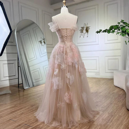 Vestidos de noche árabes de corte A en rosa con apliques y cordones de lujo de Dubái para mujer, vestidos de fiesta de boda 2025 LA72274 