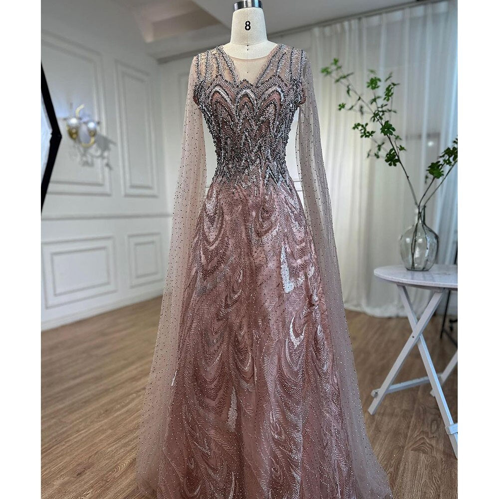 Arabic Pink A Line Beaded Cape Sleeves Evening Dresses Long 2025 Celebrity Gowns For Woman Wedding Party LA72133