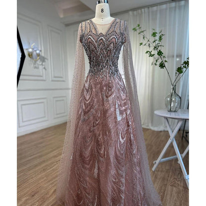 Vestidos de noche largos árabes rosas con escote en A y mangas estilo capa, con cuentas, para mujer, para fiesta de bodas, 2025, LA72133 
