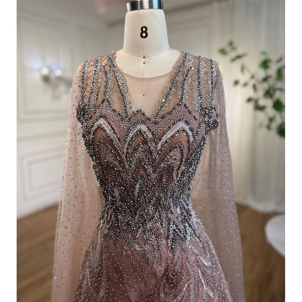 Vestidos de noche largos árabes rosas con escote en A y mangas estilo capa, con cuentas, para mujer, para fiesta de bodas, 2025, LA72133 