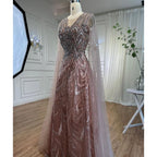 Vestidos de noche largos árabes rosas con escote en A y mangas estilo capa, con cuentas, para mujer, para fiesta de bodas, 2025, LA72133 