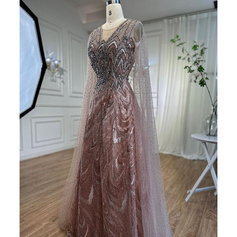 Vestidos de noche largos árabes rosas con escote en A y mangas estilo capa, con cuentas, para mujer, para fiesta de bodas, 2025, LA72133 
