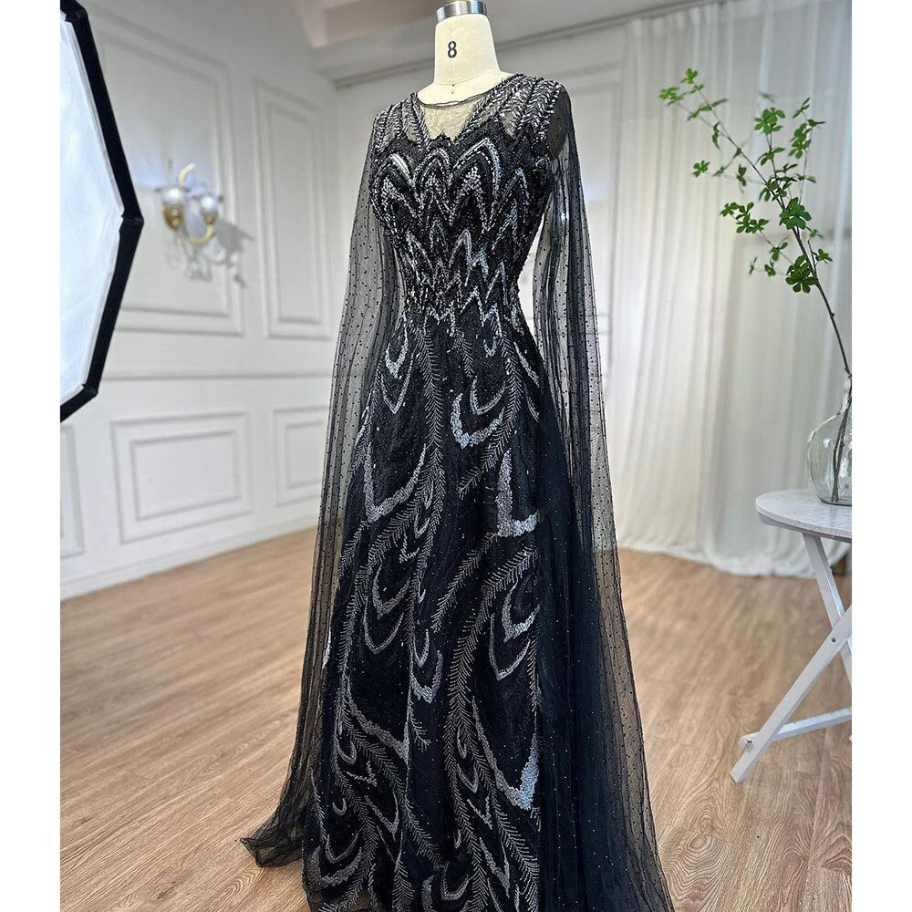 Vestidos de noche largos árabes rosas con escote en A y mangas estilo capa, con cuentas, para mujer, para fiesta de bodas, 2025, LA72133 