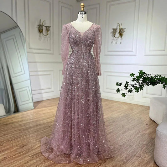 Vestido de noche árabe rosa, elegante, de manga larga, con cuentas, para mujer, para boda, fiesta, 2025, LA72521 