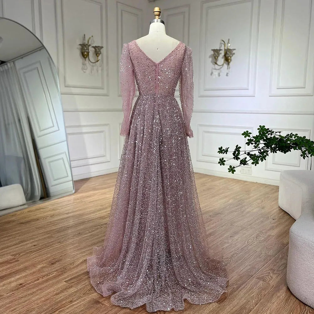 Vestido de noche árabe rosa, elegante, de manga larga, con cuentas, para mujer, para boda, fiesta, 2025, LA72521 