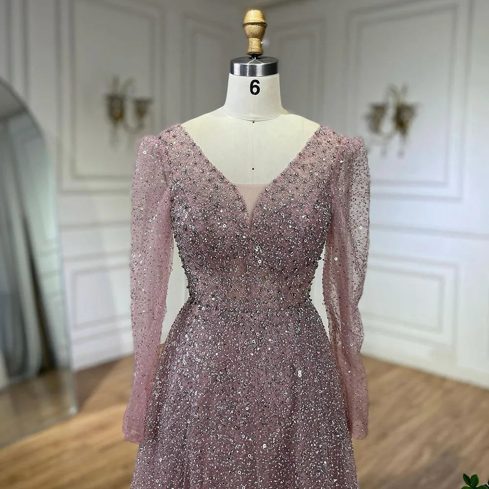 Vestido de noche árabe rosa, elegante, de manga larga, con cuentas, para mujer, para boda, fiesta, 2025, LA72521 
