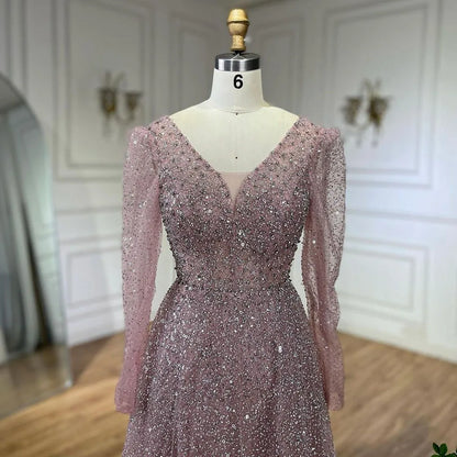 Vestido de noche árabe rosa, elegante, de manga larga, con cuentas, para mujer, para boda, fiesta, 2025, LA72521 