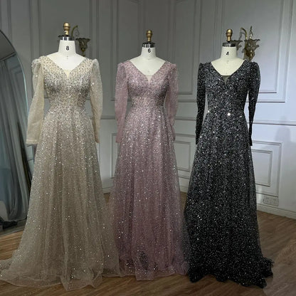 Vestido de noche árabe rosa, elegante, de manga larga, con cuentas, para mujer, para boda, fiesta, 2025, LA72521 