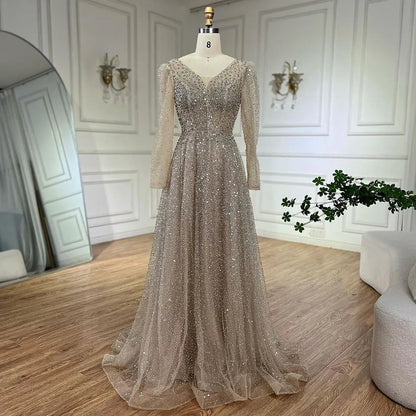 Vestido de noche árabe rosa, elegante, de manga larga, con cuentas, para mujer, para boda, fiesta, 2025, LA72521 