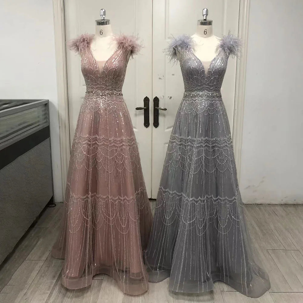 Vestido de noche árabe rosa, elegante, de lujo, con plumas y cuentas para mujer - Boda 2025 LA72608 
