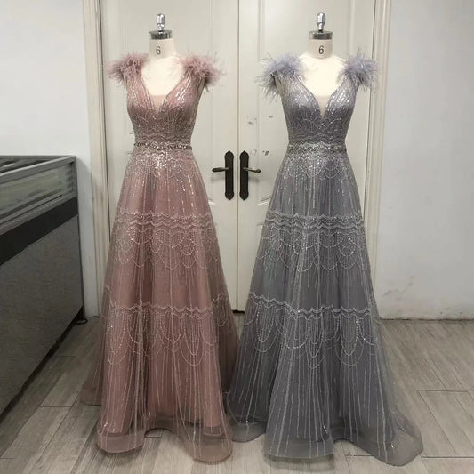 Vestido de noche árabe rosa, elegante, de lujo, con plumas y cuentas para mujer - Boda 2025 LA72608 