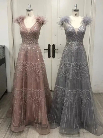 Vestido de noche árabe rosa, elegante, de lujo, con plumas y cuentas para mujer - Boda 2025 LA72608 