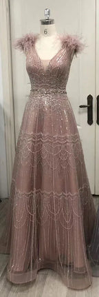 Arabisches rosa A-Linien-Abendkleid mit luxuriösen Perlen und Federn für Damen – Hochzeitsfeier 2025 LA72608 
