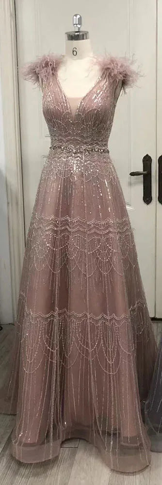 Vestido de noche árabe rosa, elegante, de lujo, con plumas y cuentas para mujer - Boda 2025 LA72608 