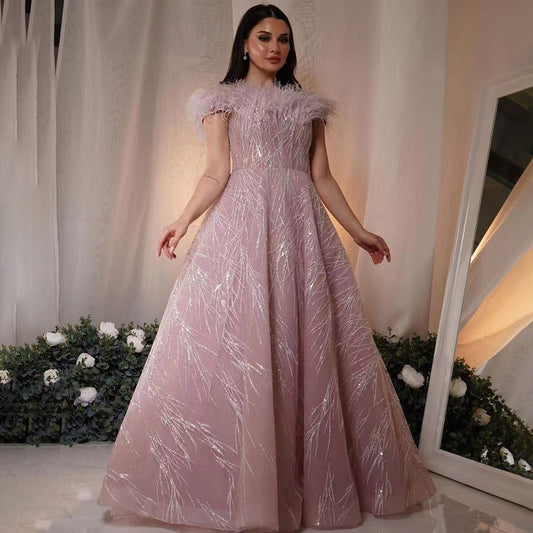 Vestidos de noche de lujo árabes rosas, corte A, sexys, con escote en V y plumas, con cuentas, para mujer, para fiesta de boda, LA71726 