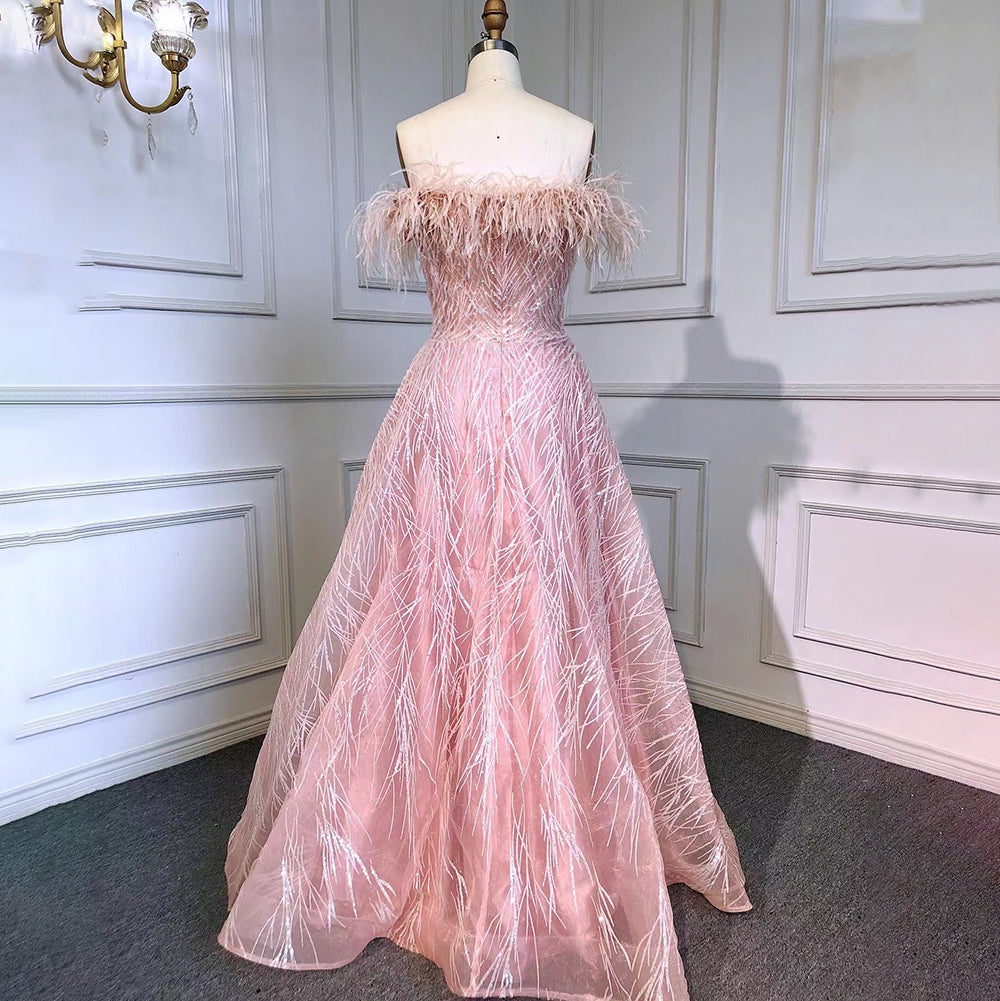Arabic Pink A-Line Sexy Bot Neck Feather Beaded Luxury Evening Dresses Gowns 2025 For Women Wedding Party LA71726