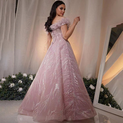Vestidos de noche de lujo árabes rosas, corte A, sexys, con escote en V y plumas, con cuentas, para mujer, para fiesta de boda, LA71726 