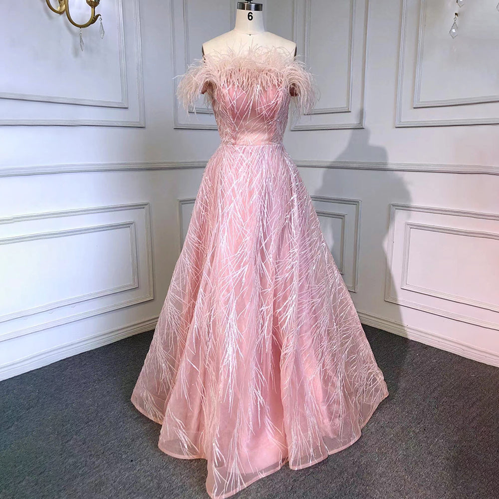 Arabic Pink A-Line Sexy Bot Neck Feather Beaded Luxury Evening Dresses Gowns 2025 For Women Wedding Party LA71726