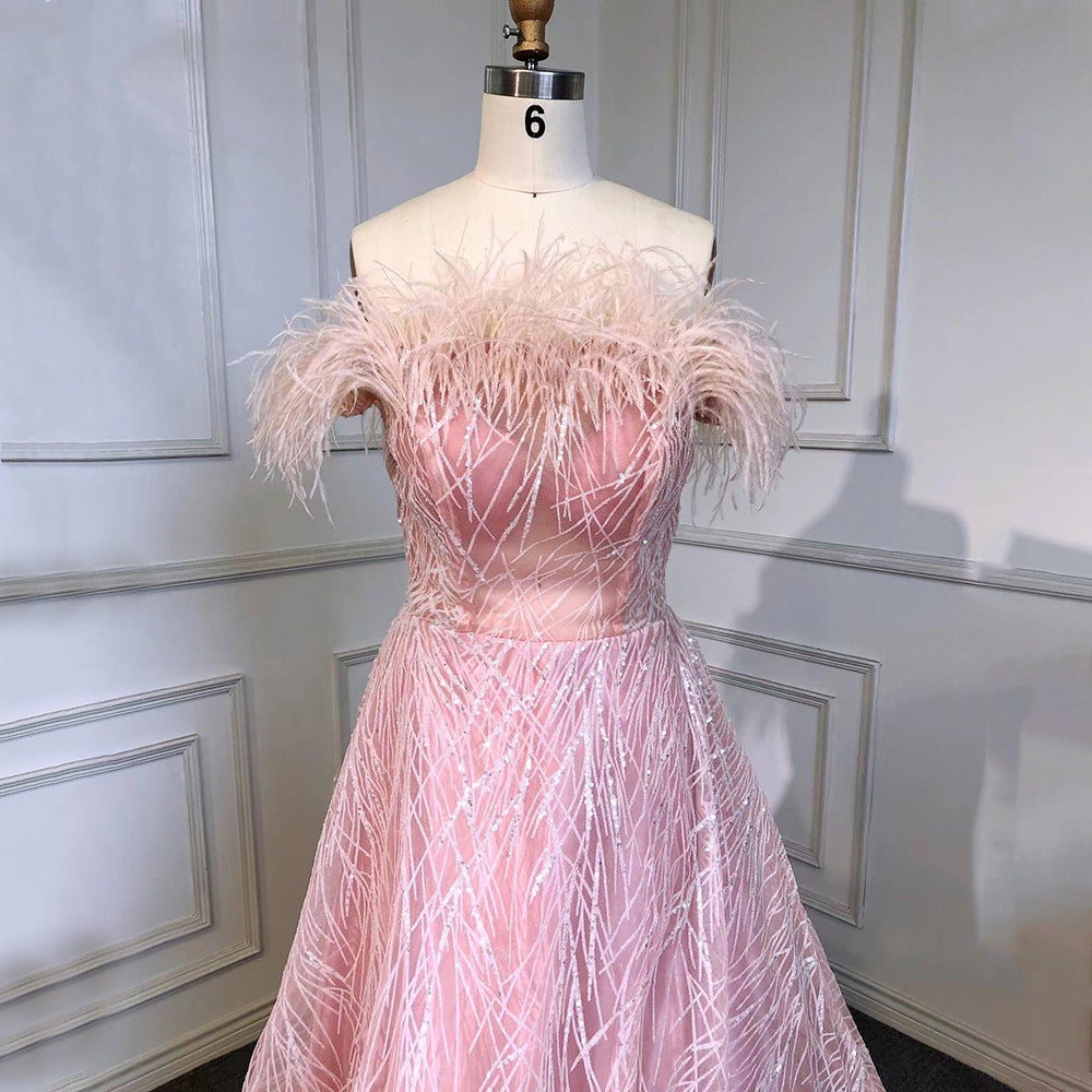 Vestidos de noche de lujo árabes rosas, corte A, sexys, con escote en V y plumas, con cuentas, para mujer, para fiesta de boda, LA71726 